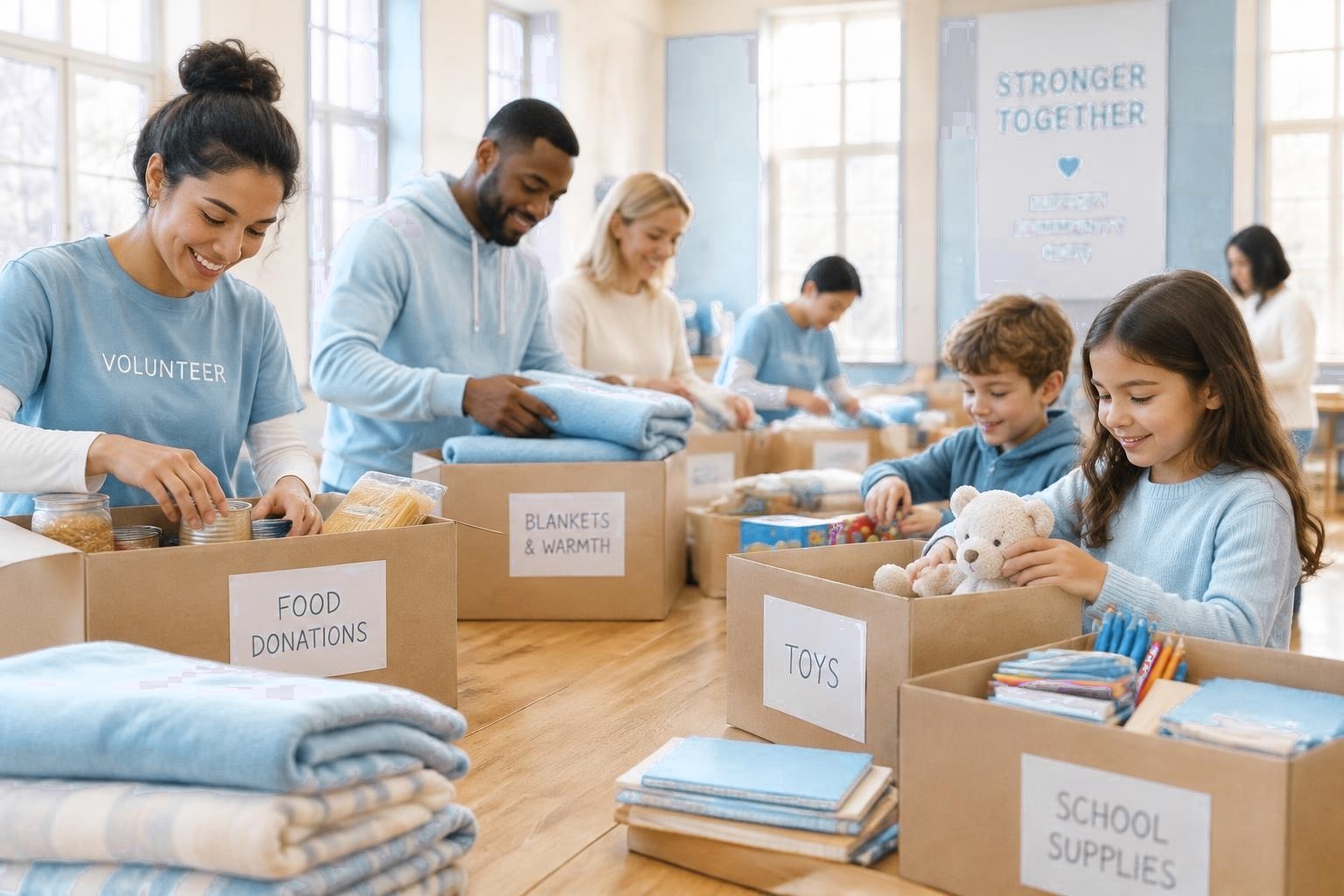 Volunteers of all ages sorting donated blankets, food and school supplies in a bright community hall